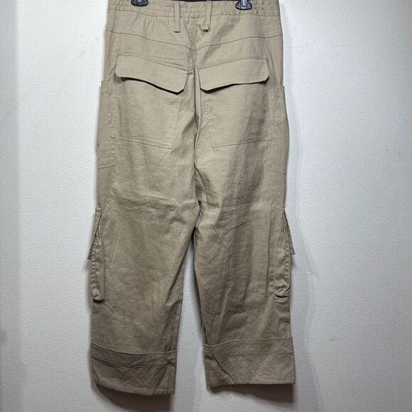 (J) Zara Women Linen Blend Cargo Pants Beige, Straight Leg, Wide Cuffs at Ankle - Picture 2 of 13